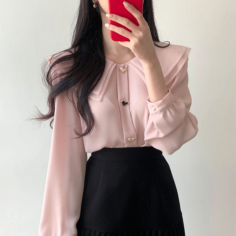 BL3252 New 2023 Spring Summer Women\'s Blouses Fashionable Elegant Office Buttons Oversized Korean Style Wild Pink Shirts Tops