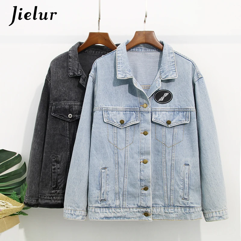 

Jielur Jacket Women Turn-down Collar Long Sleeve Hipster Denim Coat Button Pockets Solid Color 2021 New Female Jackets S-XL