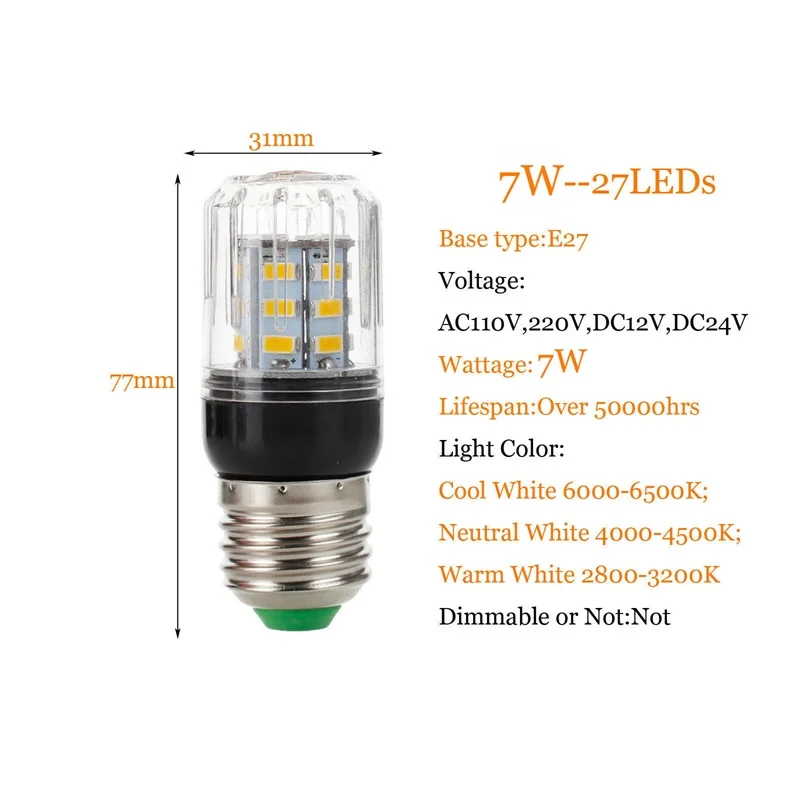 Hot E27 E14 E12 E26 27LEDs 7W Lighting SMD 5730 LED Corn Bulb Lamp Christmas Chandelier Lights 110V 220V DC 12V 24V Lamps