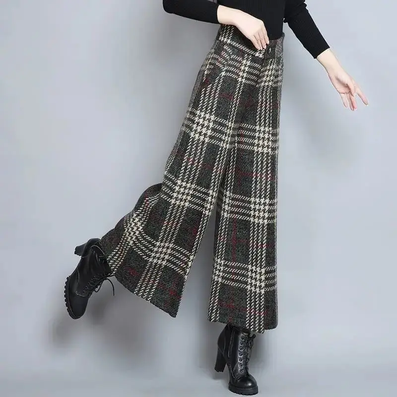 2021Women Autumn Fashion Plaid Woolen Wide-leg Pants Ankle-length Trousers Winter New Thick Skirt Trousers High waist pants A713