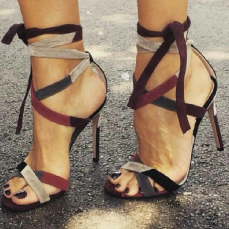 

Women Patched Strappy Bandage Sandals Sexy Mixed Colors Suede Cross Thin High Heel Gladiator Peep Toe Banquet Shoes