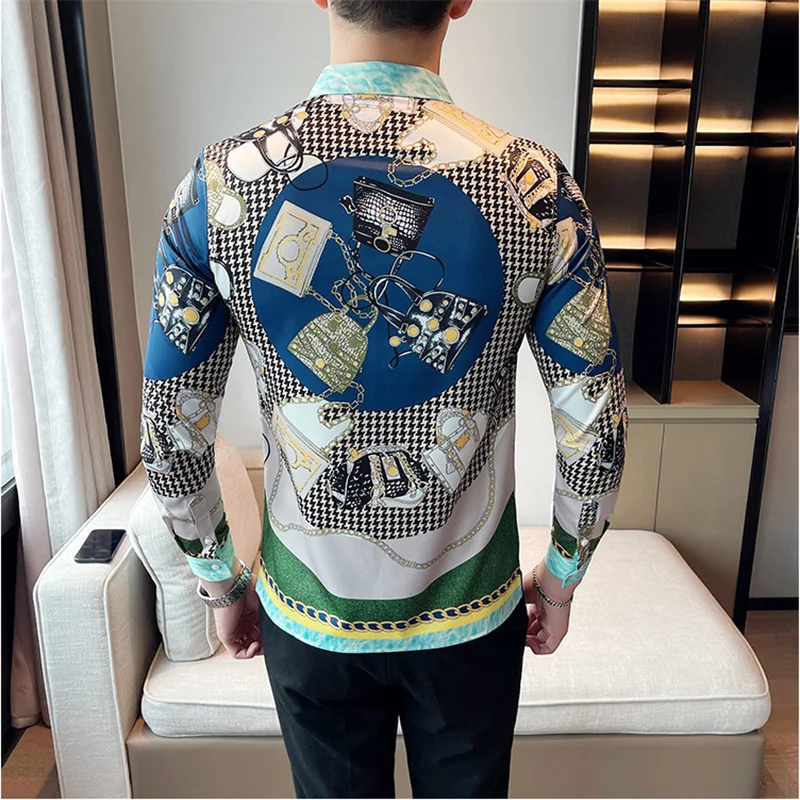 2024 Fashion Green Printed Shirt Men Long Sleeve Slim Casual Shirt Streetwear Social Party Nightclub Clothing Camisa Masculina