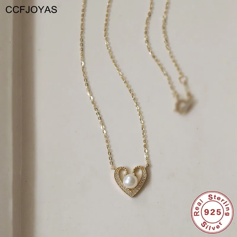 

CCFJOYAS 100% 925 Sterling Silver Retro Peach Heart Pendant Necklace Women French Light Luxury Pearl Zircon Love Clavicle Chain