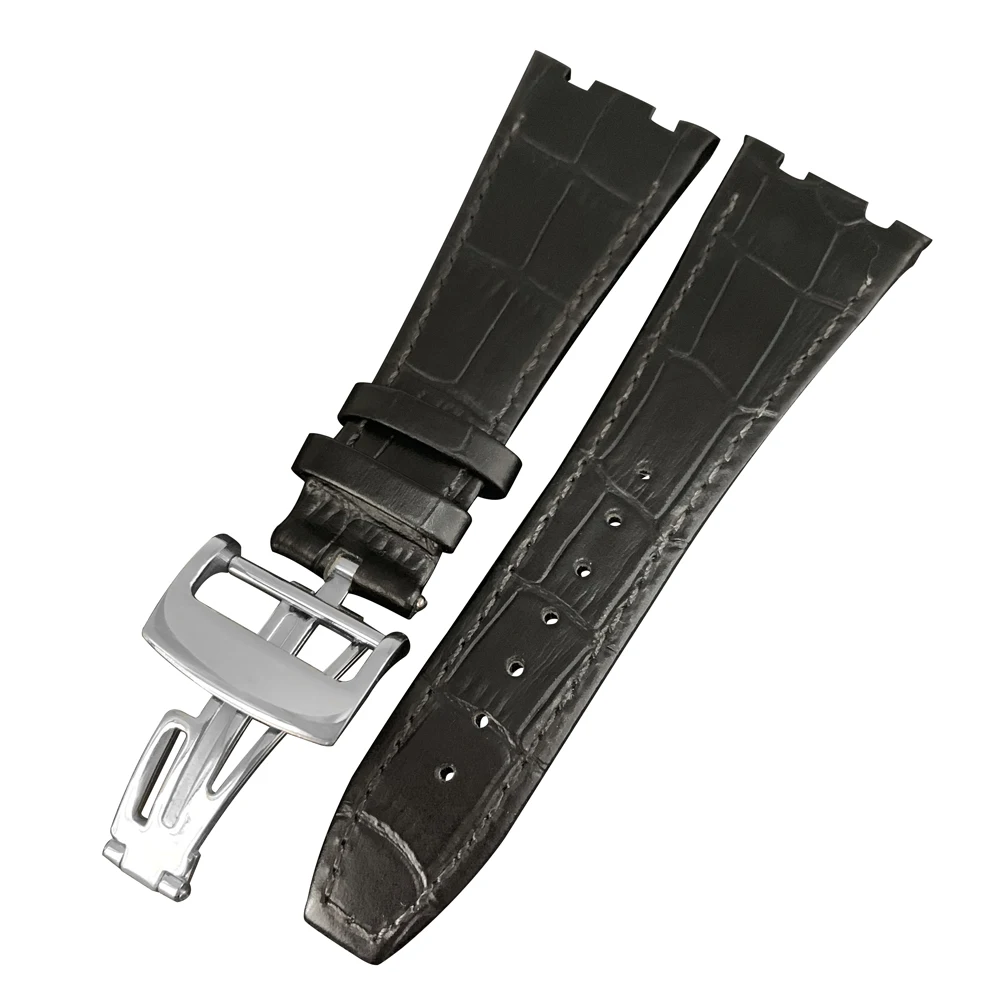 High quality negenuine leather watchband double line strap for AP WATCH band 26mm with stainless steel folding clasp black