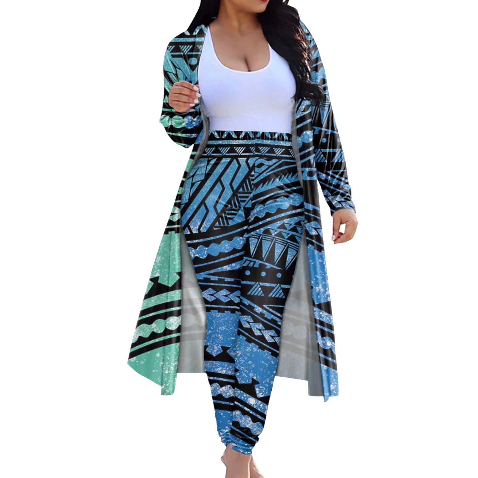 

HYCOOL Woman 2 Pcs Legging Set Polynesian Tribal Tattoos Tribal Print Long Sleeve Cardigan Cover Up Long Pants Outfits Outerwear