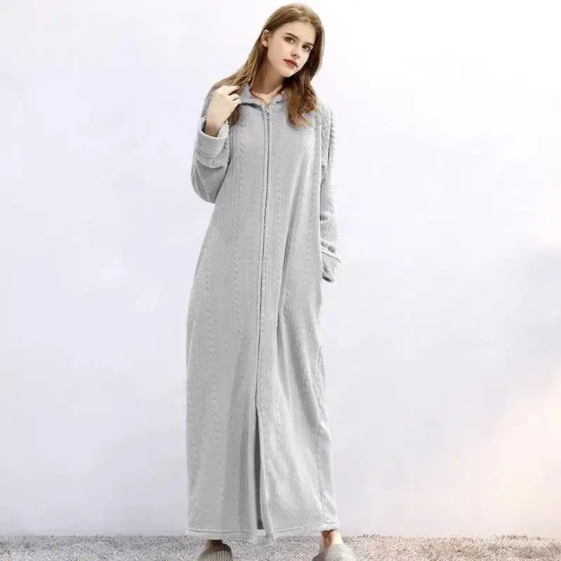 40-100kg Women Winter Plus Size Long Warm Flannel Hooded Bathrobe Men Sleepwear Pregnant Zipper Night Dressing Gown