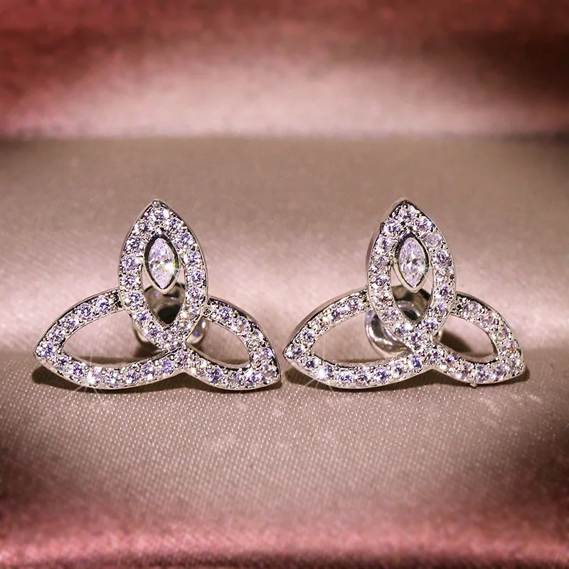Korean version of refined temperament simple wild zircon with white zircon bow earrings needle sweet net red earrings