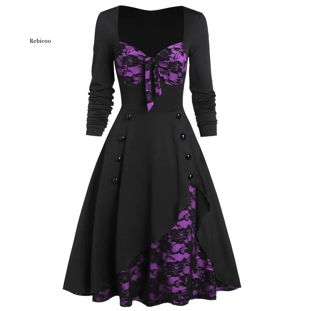 Fashion Women  Long Sleeved Party Dress Flower Lace Insert Mock Button Bowknot Vintage Dress Vestidos Costumes