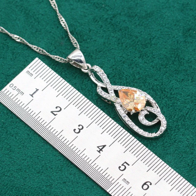 Silver Color Jewelry Set for Women Wedding Unique Champagne Zircon Bracelet Pierced Earrings Necklace Ring Gift Dubai