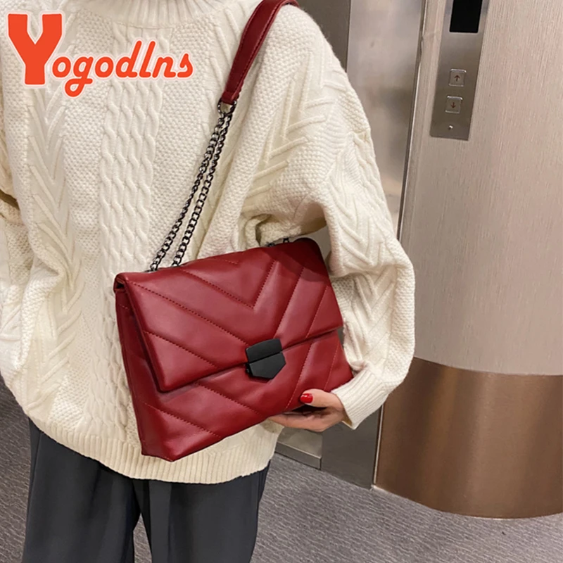 Yogodlns Luxury Thread PU Leather Crossbody Bags Women Fashion Chain Messenger Shoulder Bags Female Large Capacity Lady Handbag