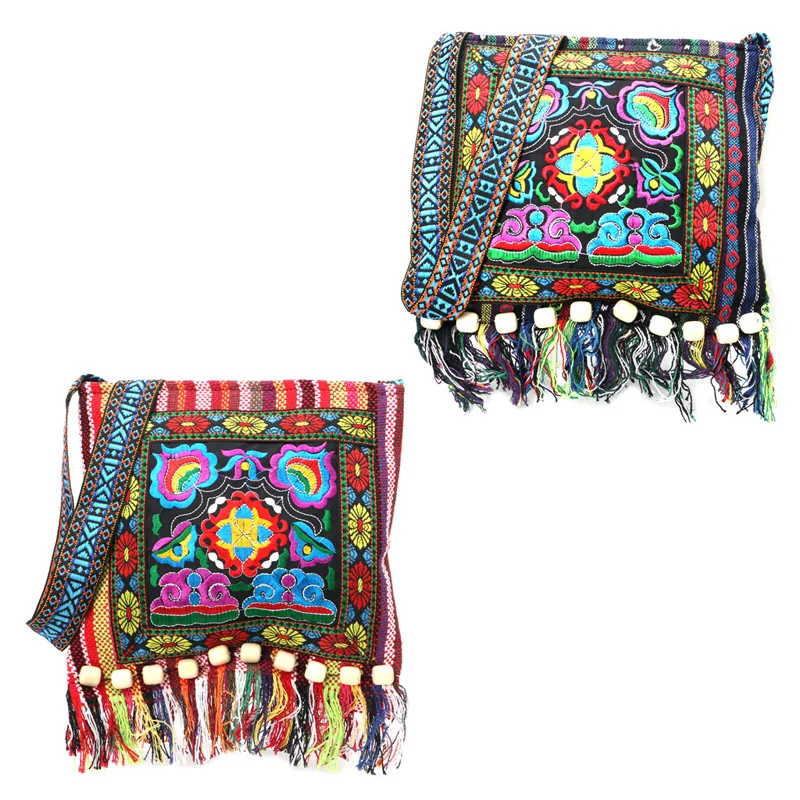 Bolsa chinesa hmong tailandesa com borlas, bolsa estilo boho hippie bordada