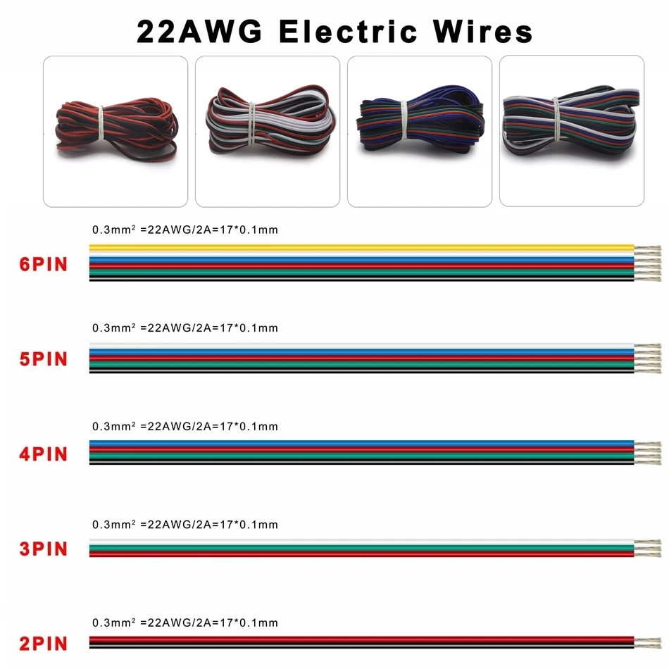 22AWG Led Wire Cable 2Pin/3Pin/4Pin/5Pin For WS2812B WS2811 5050 2835 5730 Led Strip Light 1m/5m/10m/20m/50m/100m