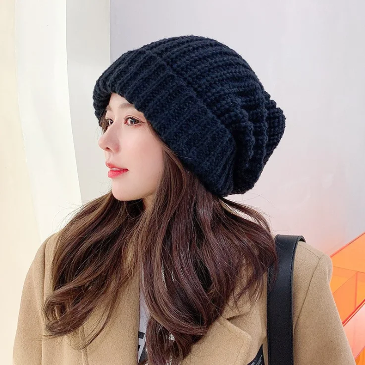 Korean Windproof Hat Winter Solid Color Thick Woolen Hats For Women Ski Slouchy Cap Skull Winter Wool Warm Caps Warm Beanies