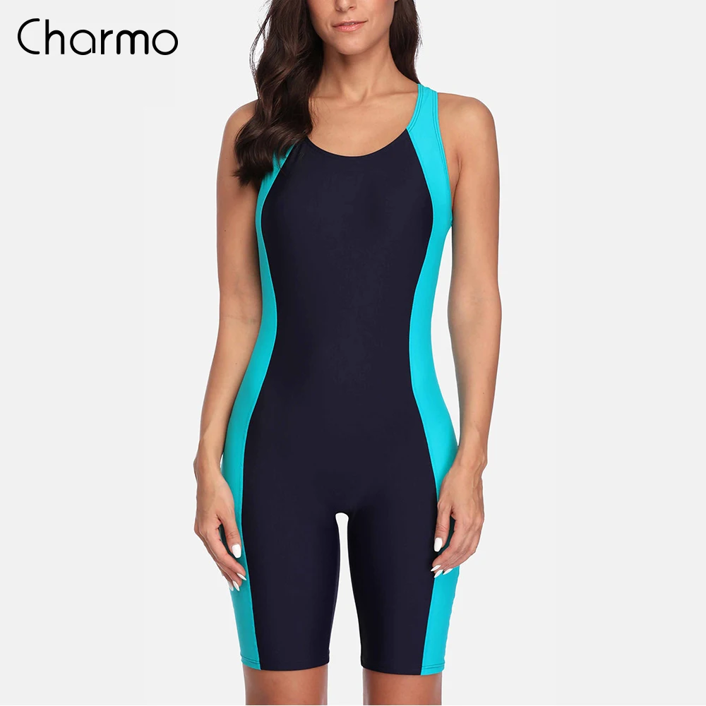 Charmo Women‘s One Piece Sports Swimwear Pro Sports Swimsuit Boyleg Beach Wear Colorblock Racerback Bathing Suits Bikini