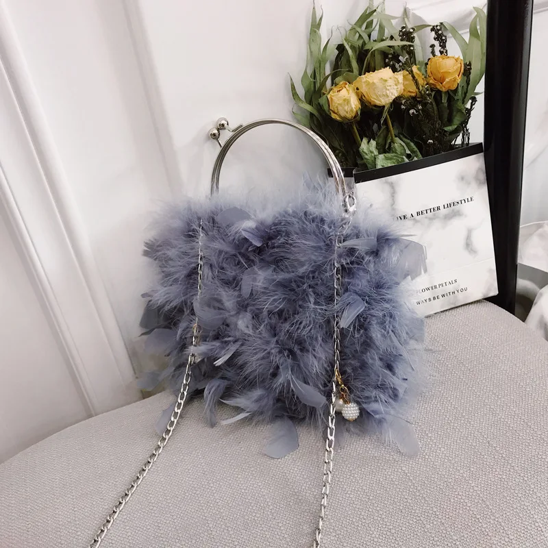 Korean Soft Feather Ring Evening Handbag Women Fashion Shoulder Chain Bag Small Purse And Handbags Pink Red Female Bolso Mujer