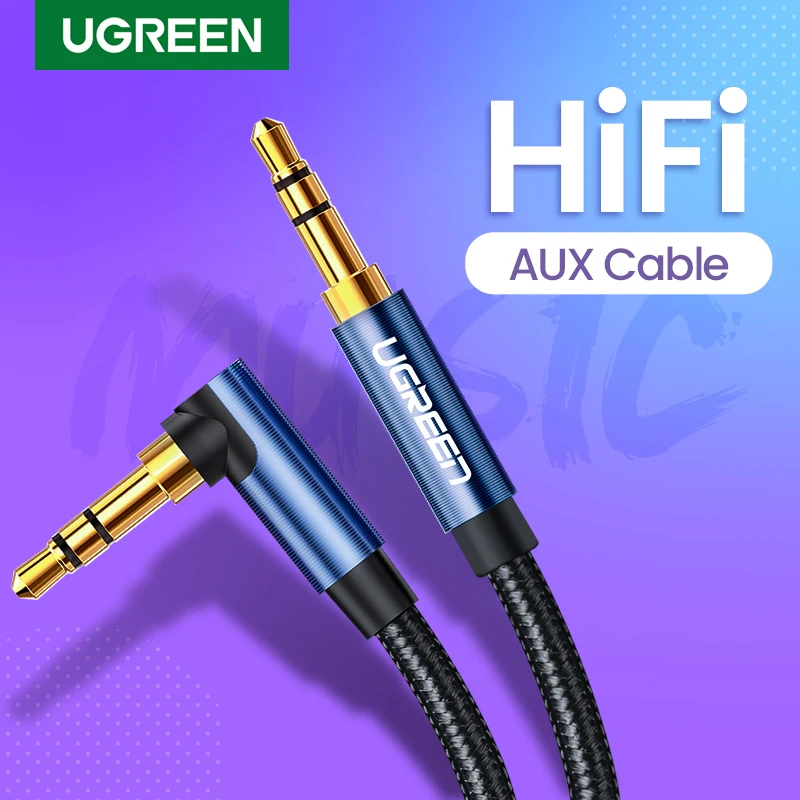 UGREEN Aux Cable Audio Hi-Fi Stereo Male to Male 90 Degree Right Angle 3.5mm Speaker Universal Braided Auxiliary Audio Cord