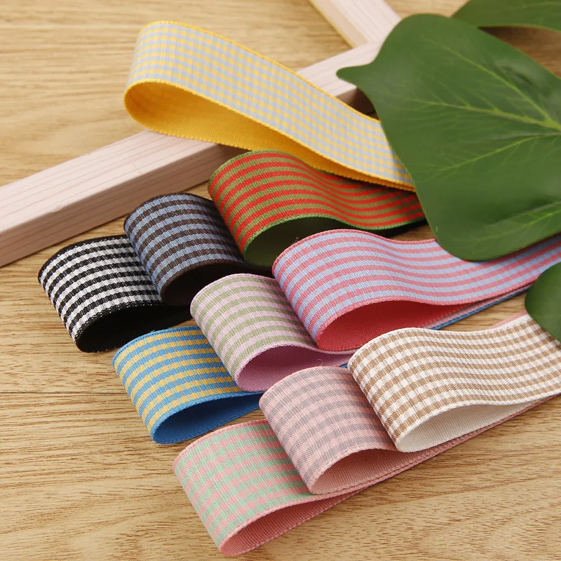 Checked Fabric Ribbon 25mm Double Face Two Color Polyester Tape For Baby Girl Hair Bow DIY Crafts Handmade Accessories Materials