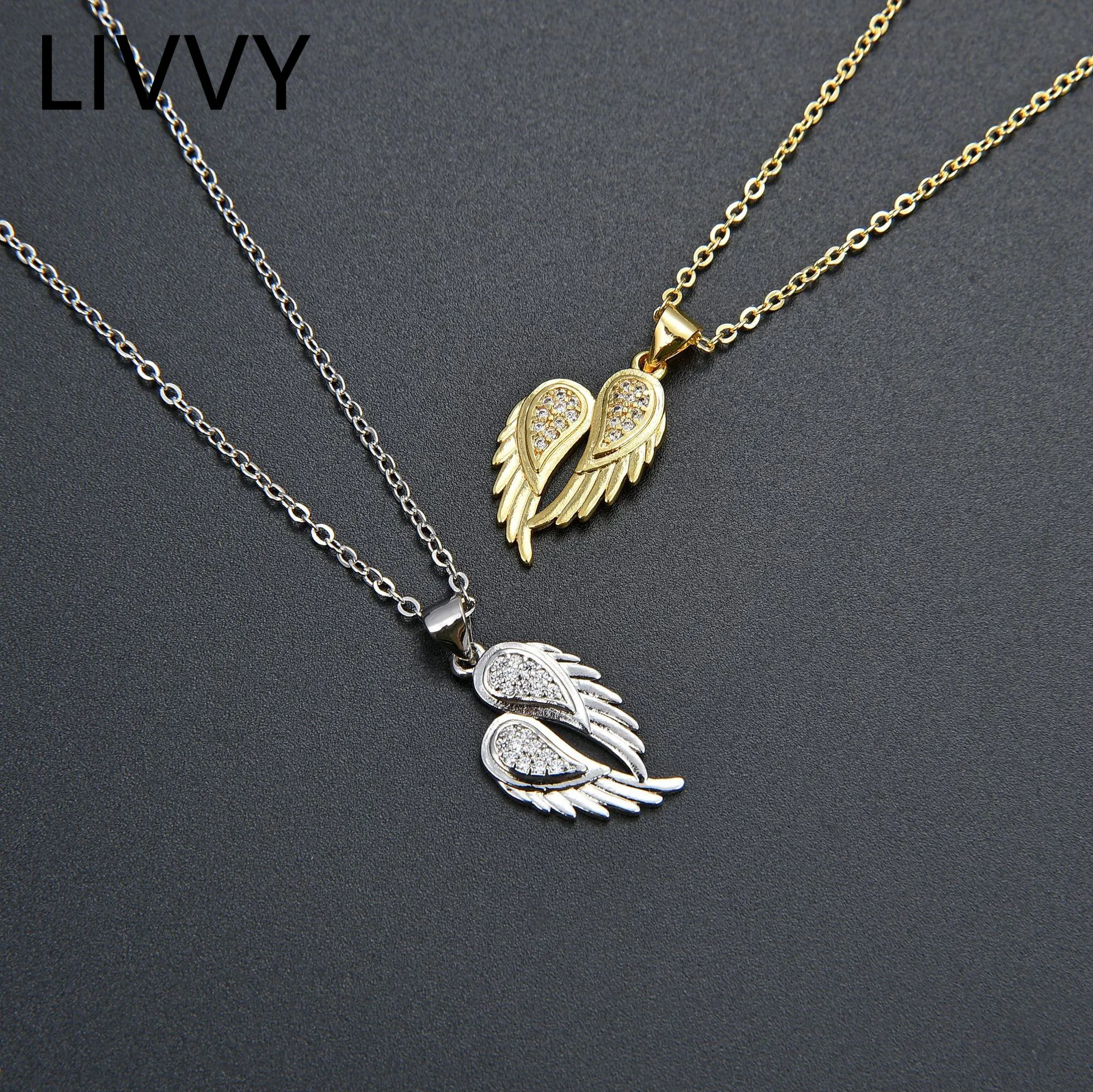 LIVVY New Silver Color Angel wings Zircon Pendant Necklace Clavicle Chain for Women Men Fashion Jewelry