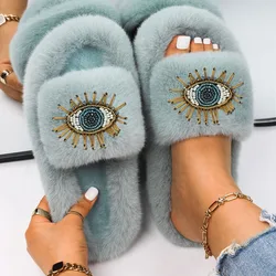 Women Sandals Fuzzy Slides Fashion Eye Decor Fluffy Slippers Luxury Brand High Quality Female Outdoor Casual Shoes Furry Slipper