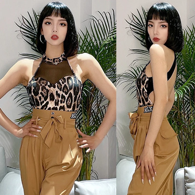

Summer Latin Dance Leotard Mesh Stitching Leopard Sleeveless Tops Sexy Backless Tango Samba Performance Clothes Practice Wear