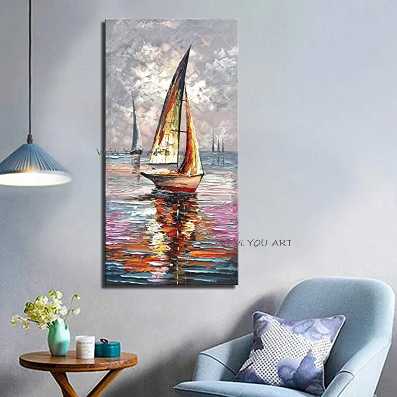 High-quality Hand Painted Modern Abstract Seascape Sailboat Oil Paintings Canvas Wall Art Pictures Home Decoration Frameless