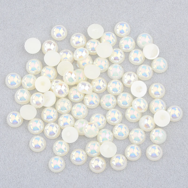 JUNAO 6 8 10 12mm White AB Half Round Pearl Rhinestone Stickers Flatback Imitation Pearls Applique for DIY Decoration