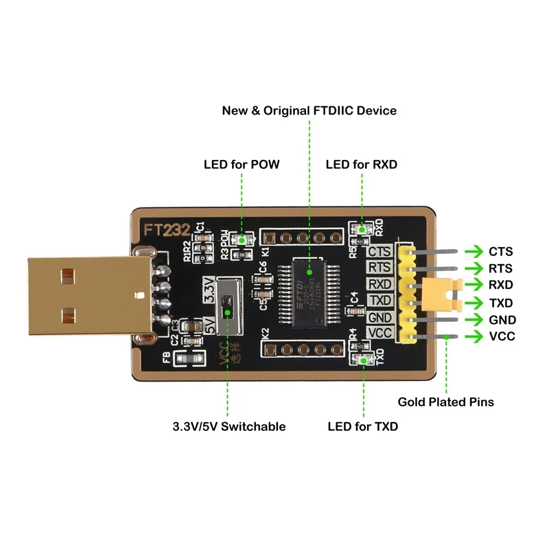 FT232RL USB to TTL Adapter. USB to Serial Converter Module & Genuine FTDI USB UART for Windows 7/8/10/XP,Linux, Mac OS