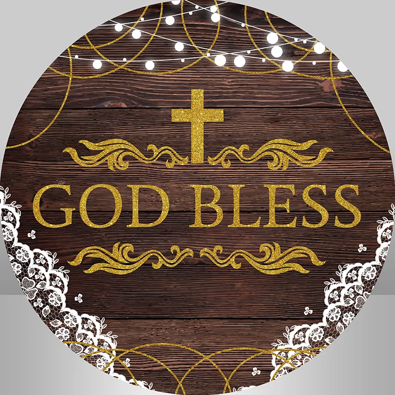 God Bless Round Backdrop Cover Wood Wall Cross Baby Shower Photocall Lace Banner First Holy Communion Circle Background