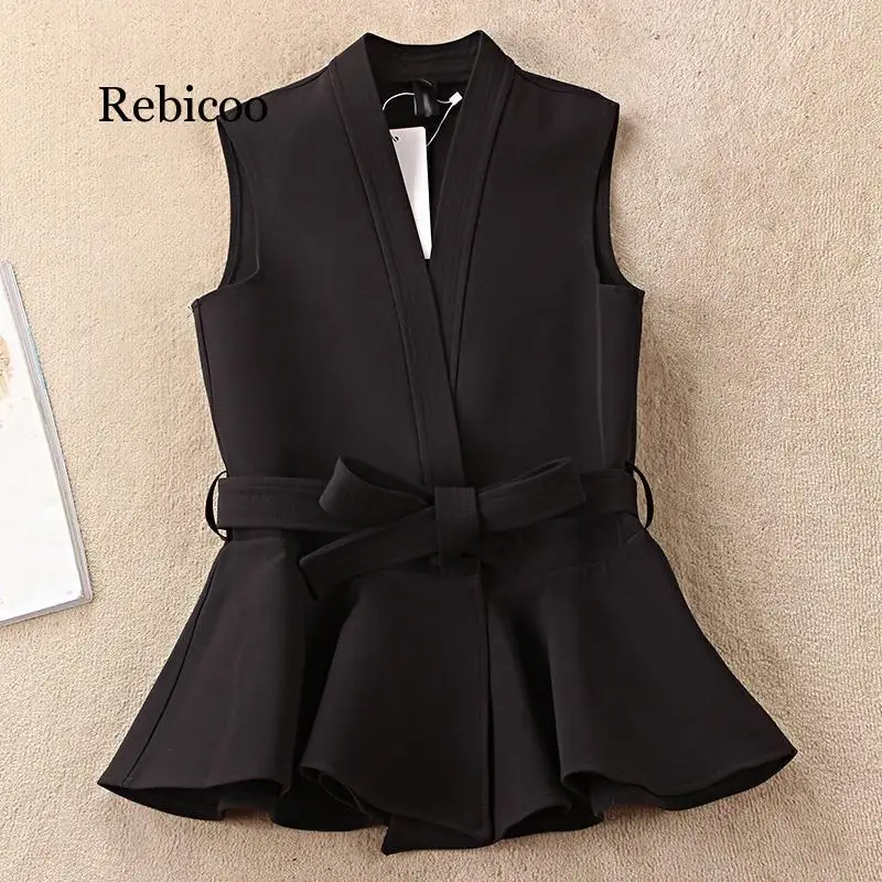 

S-2Xl New Suit Vest Fashion Women Short Style Sashes Slim Black Waistcoats Female Elegant Ruffle Office Sleeveless Short Coat