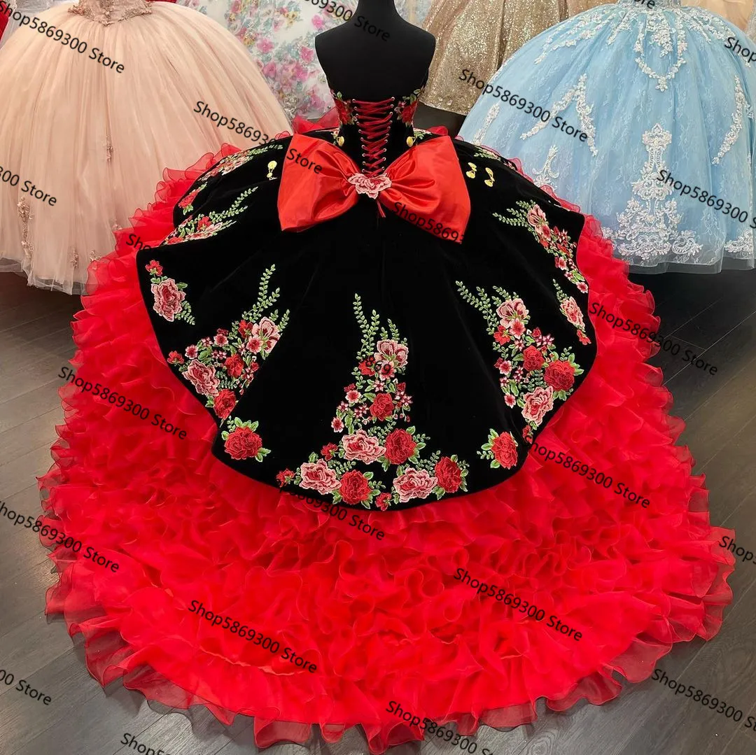 Black Red Princess Quinceanera Dresses 2025 Velvet Embroidery Lace-up Corset Gothic Ruffles Tiered  Masquerade Party Gowns