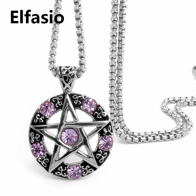 Elfasio Celtic Wicca Pentagram Star Men Women Stainless Steel Necklace Blue/Red/Black/White/Purple Amulet Pendant Chain