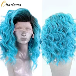 Charisma Short Wigs Ombre Blue Synthetic Lace Front Wig Black Roots Short Wavy Wigs For Women High Temperature Fiber Lace Wig