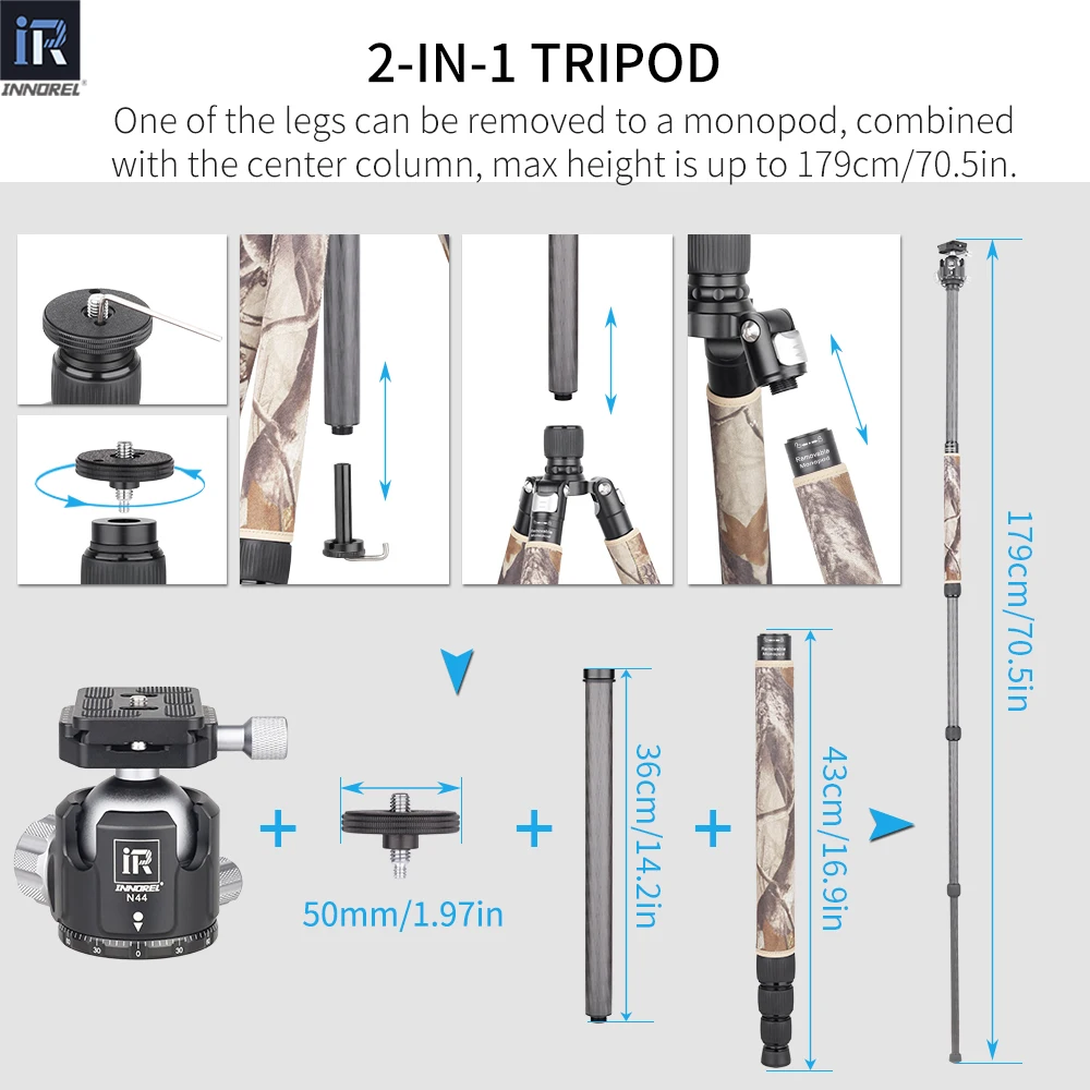 Imagem -04 - Innorel-camuflagem de Fibra de Carbono Tripé Monopé para Dslr Câmera Heavy Stand Panorâmica Baixa Gravidade Bola Cabeça Rt75 85 Centímetros