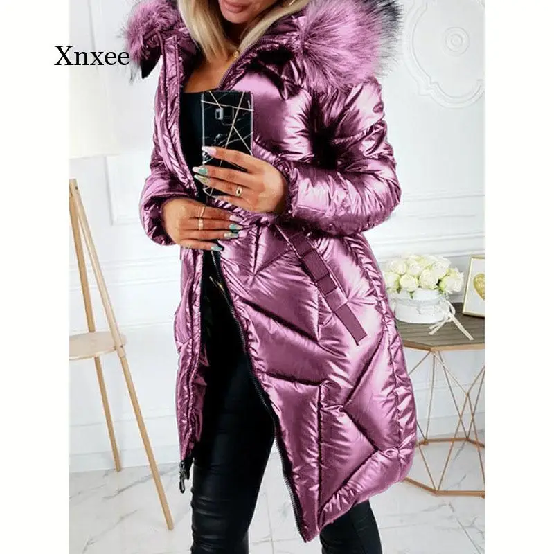 

Winter Ladies Thick Shiny Solid Color Zipper Hooded Parka Coat Feel Loose and Warm Long-Sleeved Hooded Long Coat