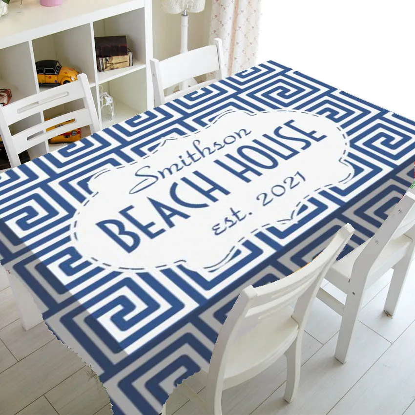 Stylish Navy Blue and White Greek Key Beach House Nautical Personalised Tablecloth Table Covers Custom Family Name Boat Decor