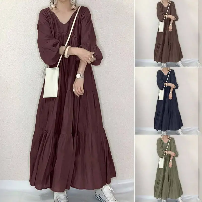 Vintage Ruffle Dress Women\'s Spring Sundress ZANZEA 2023 Casual Puff Sleeve Maxi Vestidos Female V Neck Robe Femme