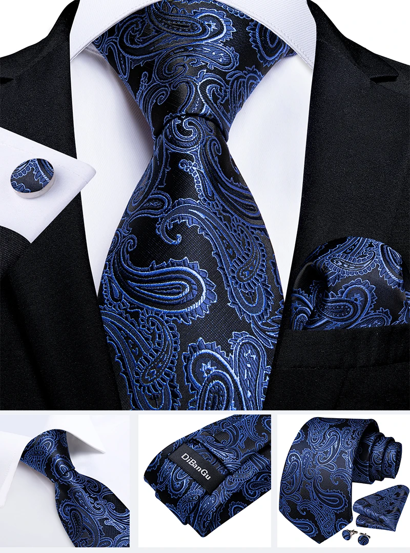 Klassische marineblaue Herrenkrawatte, gestreift, Paisley-Blumenmuster, Krawatten-Set mit Einstecktuch und Manschettenknöpfen, Business-Krawatten-Set, Geschenk für Männer – Detail 27