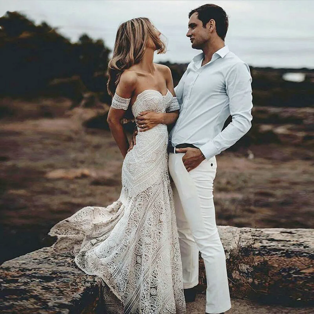 Bohemian Mermaid Beach Trouwjurken Gehaakte Katoenen Kant Vestidos De Novia Hippie Land Bridal Jurk Met Verwijderen Mouw