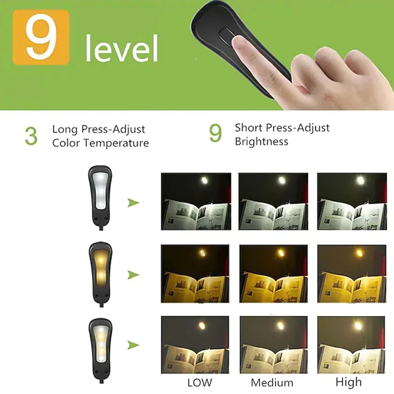 Rechargeable Book Light 10 LED Dimmable Reading Light 9 Brightness levels 3-Level Warm Cool White Clip Lamp Reading Lamps in Bed