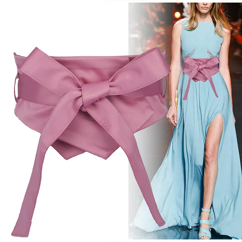 

Fashion Pink Blue Yellow Black Fabric Soft Waist Belt for Women Self-tie Bow WIde Slim Corset Spring Autumn Coat Dress Belts