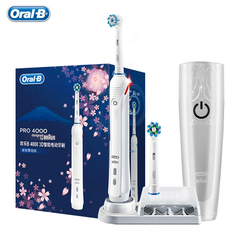 

Oral-B Pro 4000 Rechargeable Electric Toothbrush Ultrasonic 3D Smart Teeth Whitening Brush Heads for Adult Stain Removal