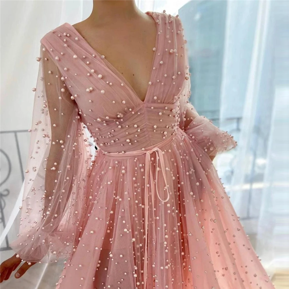 Roze Parels Tulle Prom Dress V-hals Lange Mouwen Vrouwen Formele Party Night See Through Avondjurk A-lijn Vestidos De Fiesta