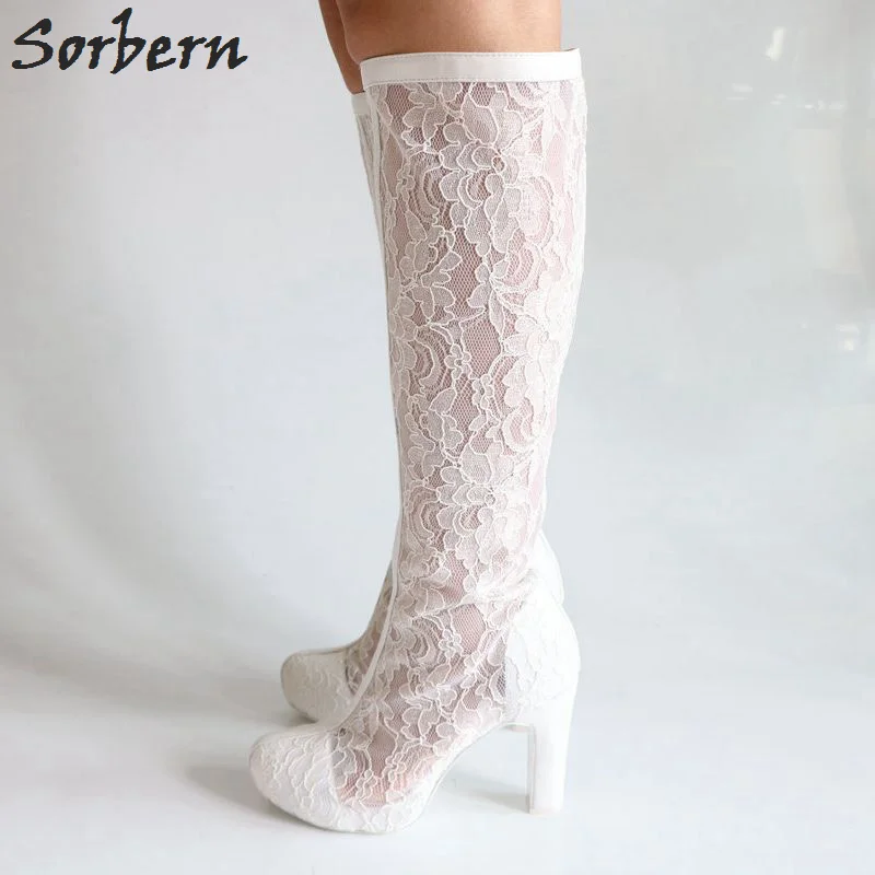 Sorbern White Lace Bridal Boots Knee High Round Toe Stiletto Heels High Boots Long Wedding Boots Women Big Size Shoe Real Photo