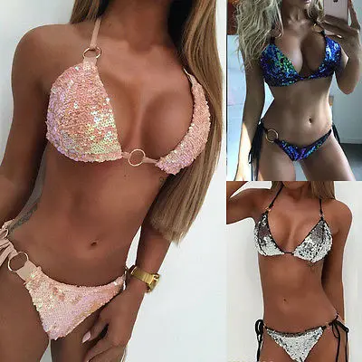 Cekiny stroje kąpielowe kobiety Push Up plaża strój kąpielowy e biustonosz Bikini Set strój kąpielowy brazylijski dwuczęściowy