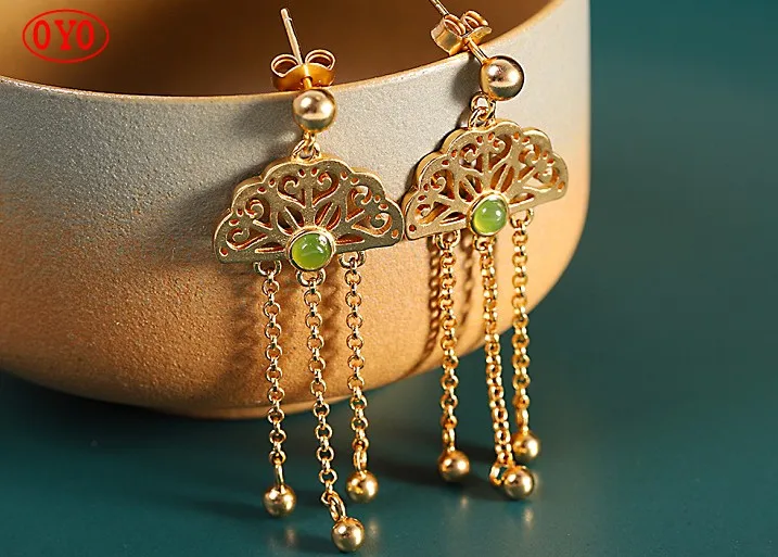 

s925 silver plated Hetian jade and jasper fan-shaped earrings