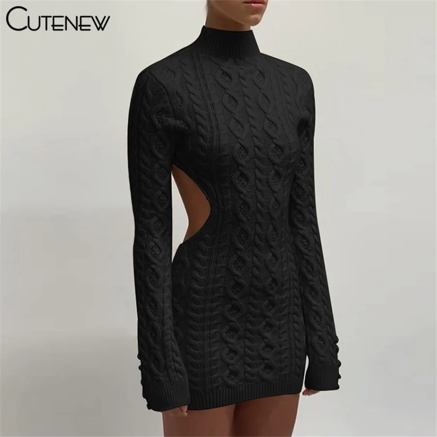 Cutenew Knitting Sexy Backless manica lunga dolcevita aderente Mini abito donna autunno solido Casual morbido elastico Lady Streetwear