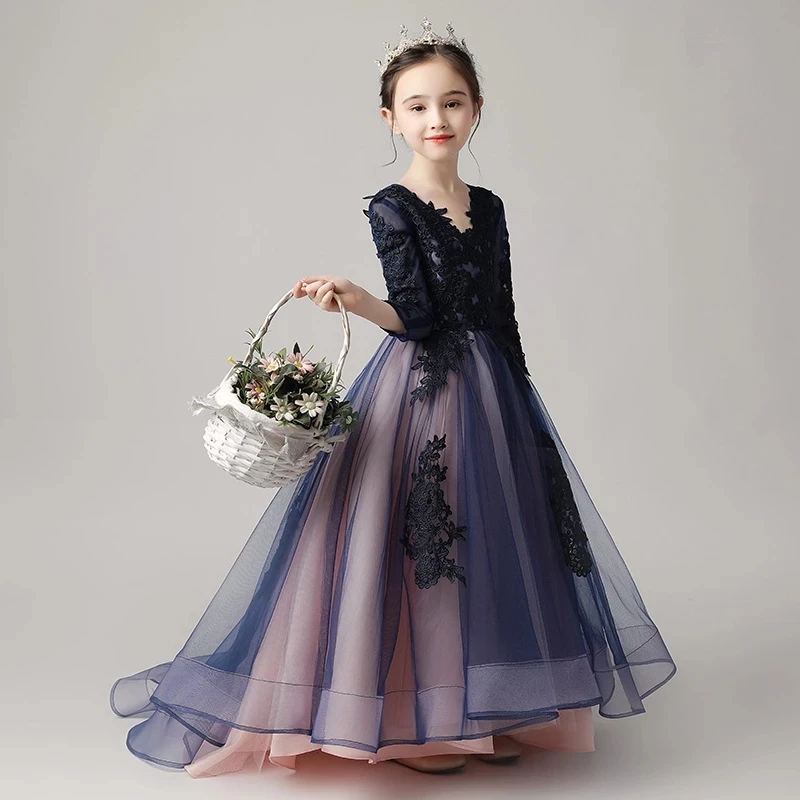 

Flower Girl Dresses for Weddings V Neck 3/4 Sleeves Kids Party Communion Gowns Lace Princess Dress