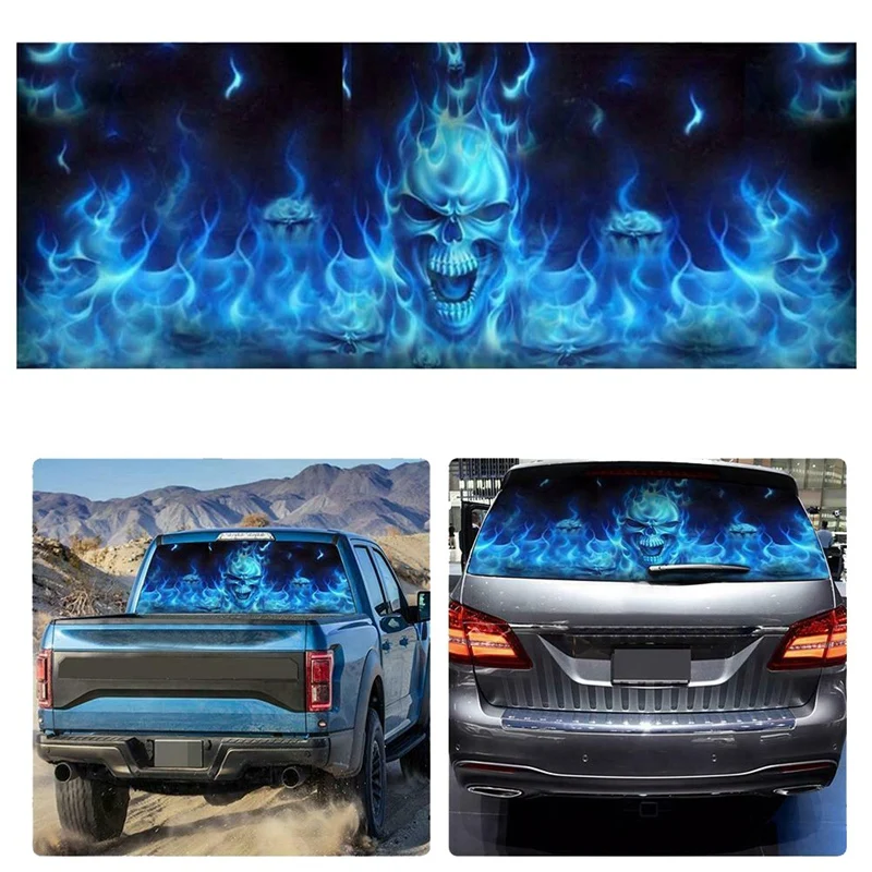 One Way Vision for Truck Suv Pickup Blue Flaming Skull 3D Rear Windshield Decal Sticker Decor Rear Window Glass Poster