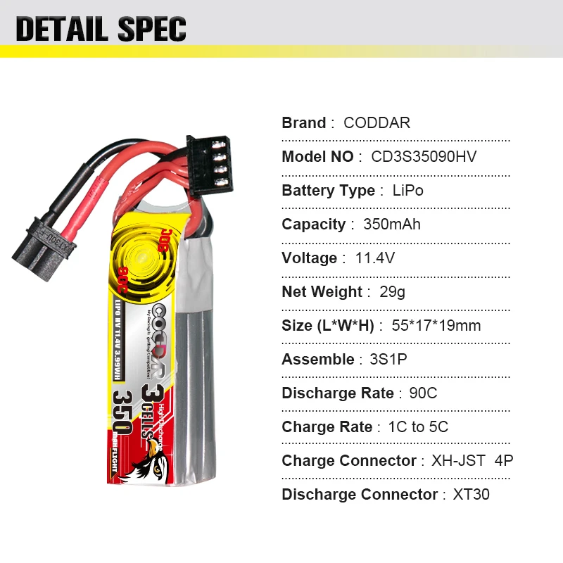 CODDAR HV LiPo Battery 3S 11.4V 350mAh 90C For RC Helicopter Airplane Car Boat Quadrotor Drone 3S LiPo Batteries 11.4V