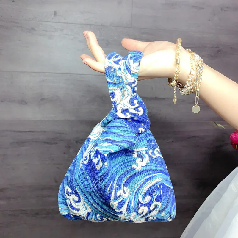 Creative Japanese Style Mini Portable Knot Wrist Bag Women Top Handle Bag Purses Cotton Shopping Bag Simple Phone Key Pouch